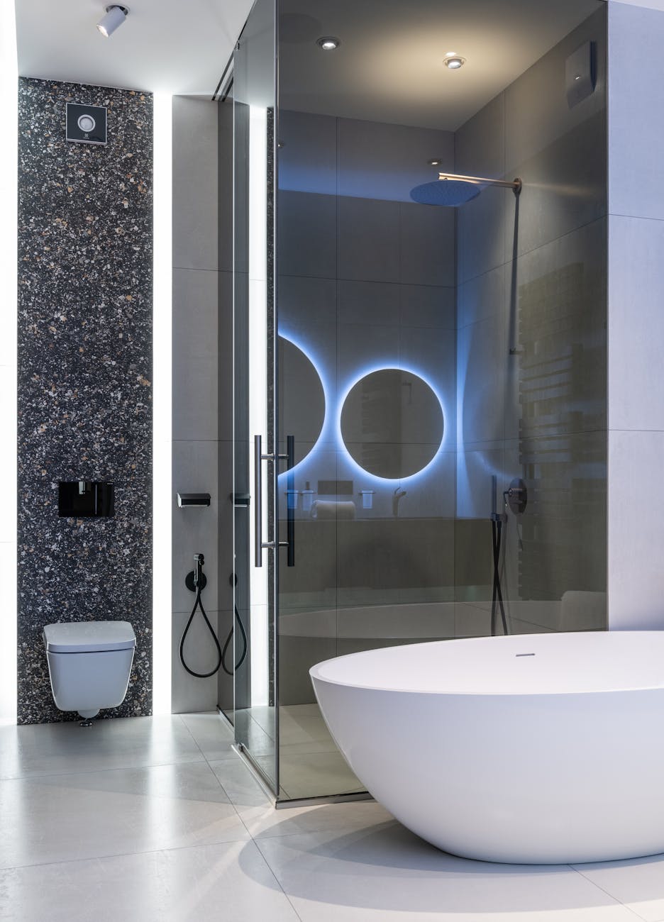 Eco-Friendly Home Renovations interior of modern spacious bathroom with bright lamps