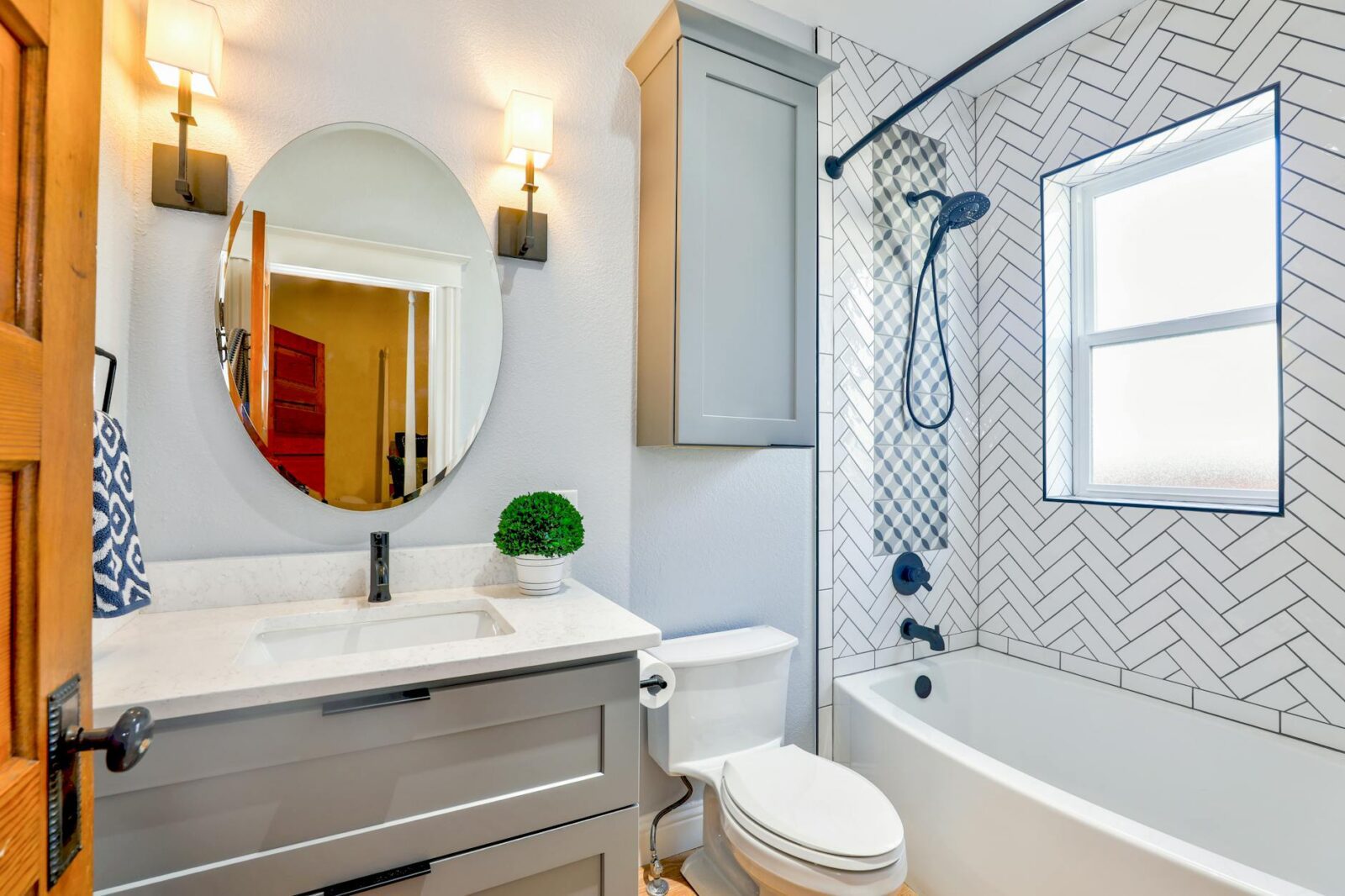 oval mirror near toilet bowl Home Improvement Projects Bathroom Upgrade