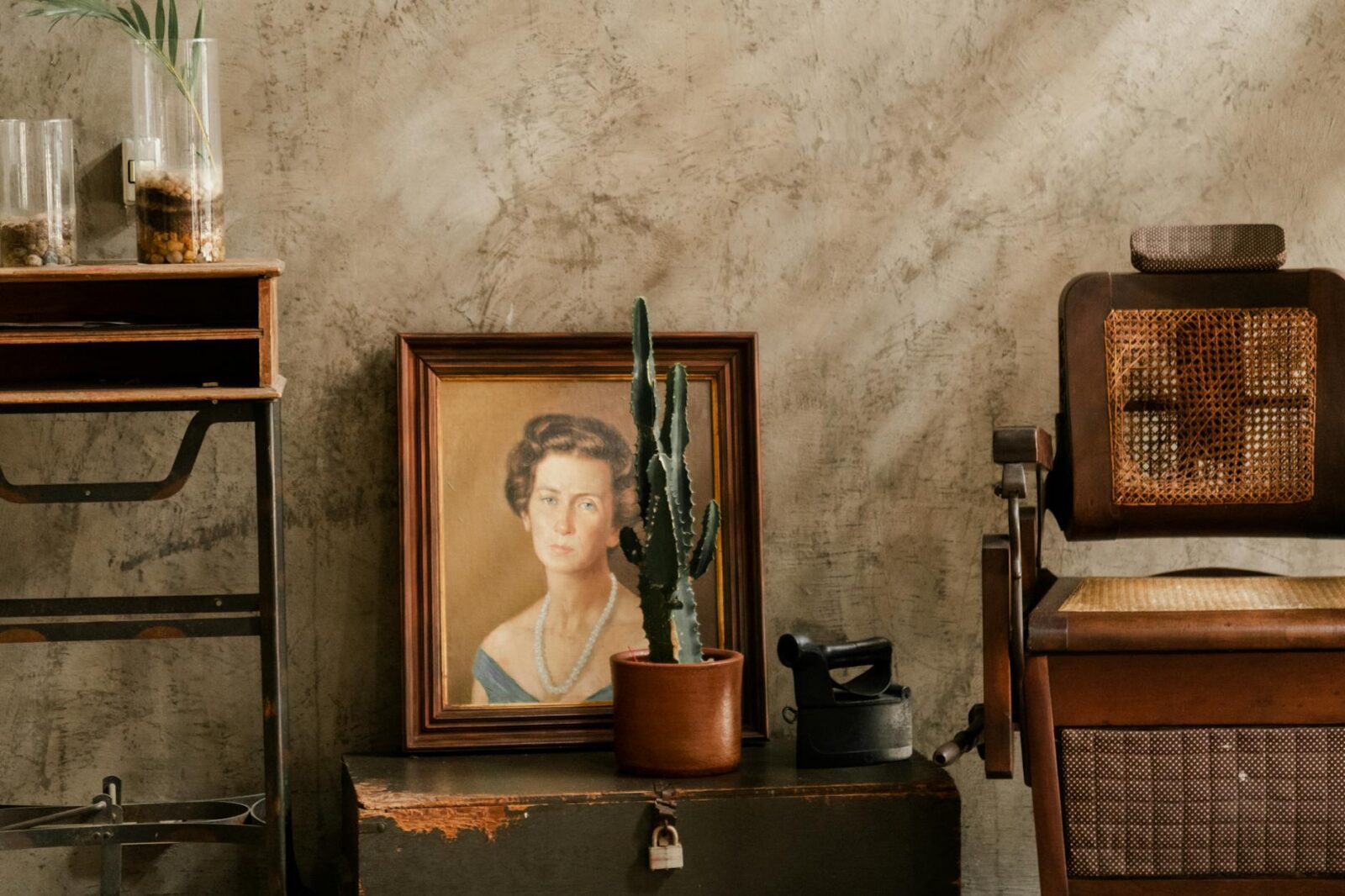photo of cactus in front of a woman s portrait painting