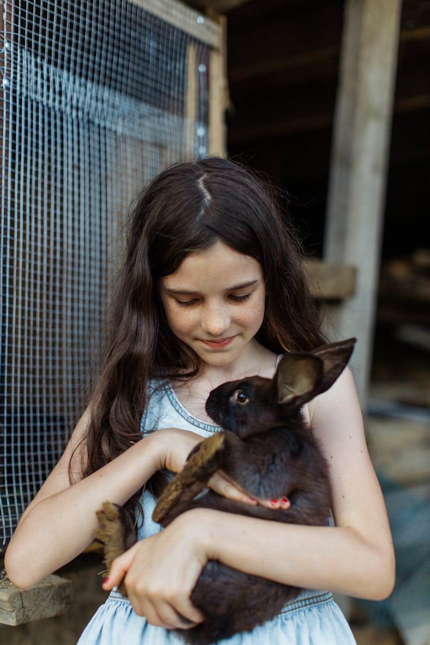 girl in blue denim dress carrying a rabbit