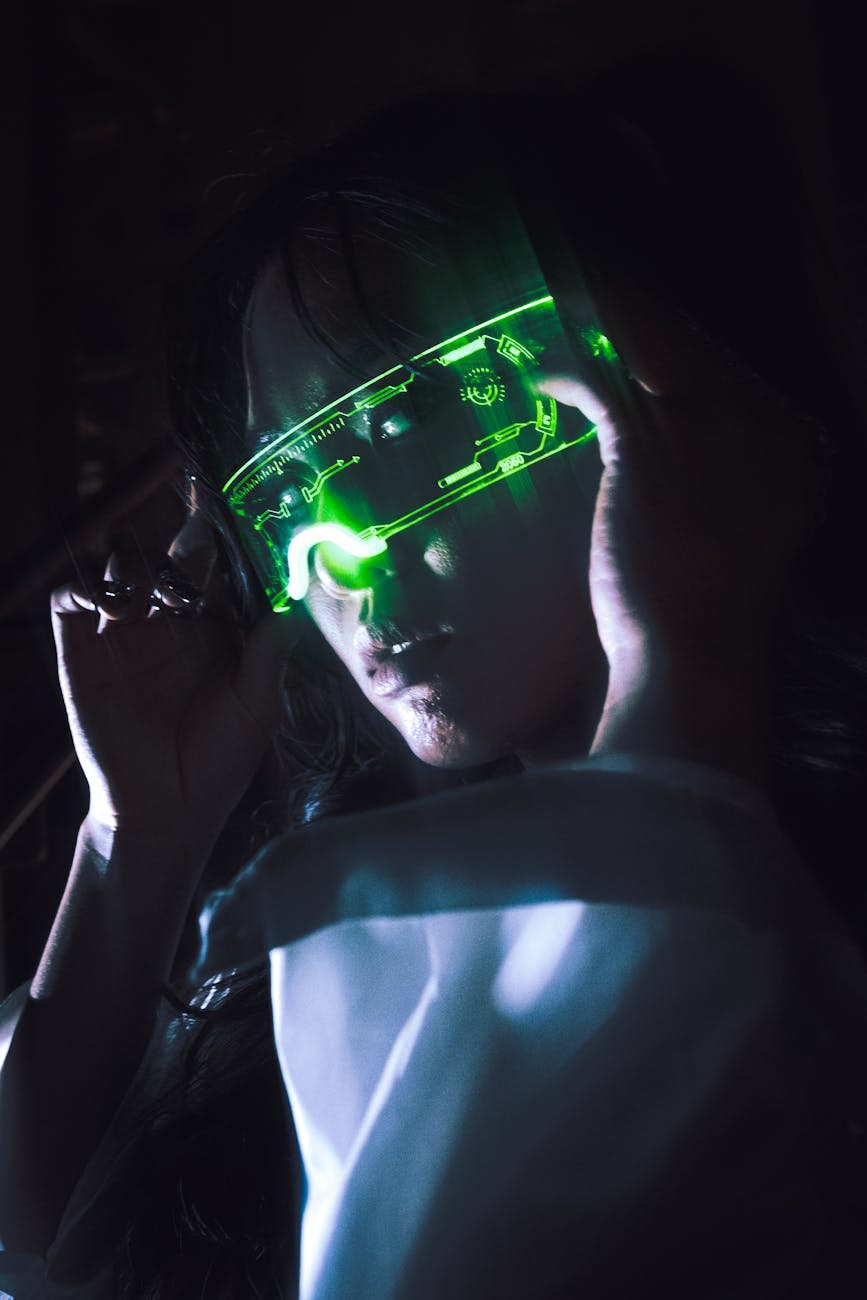 a woman wearing a green light up mask  The Evolution Of Passwords: From Ancient Codes to Digital Security