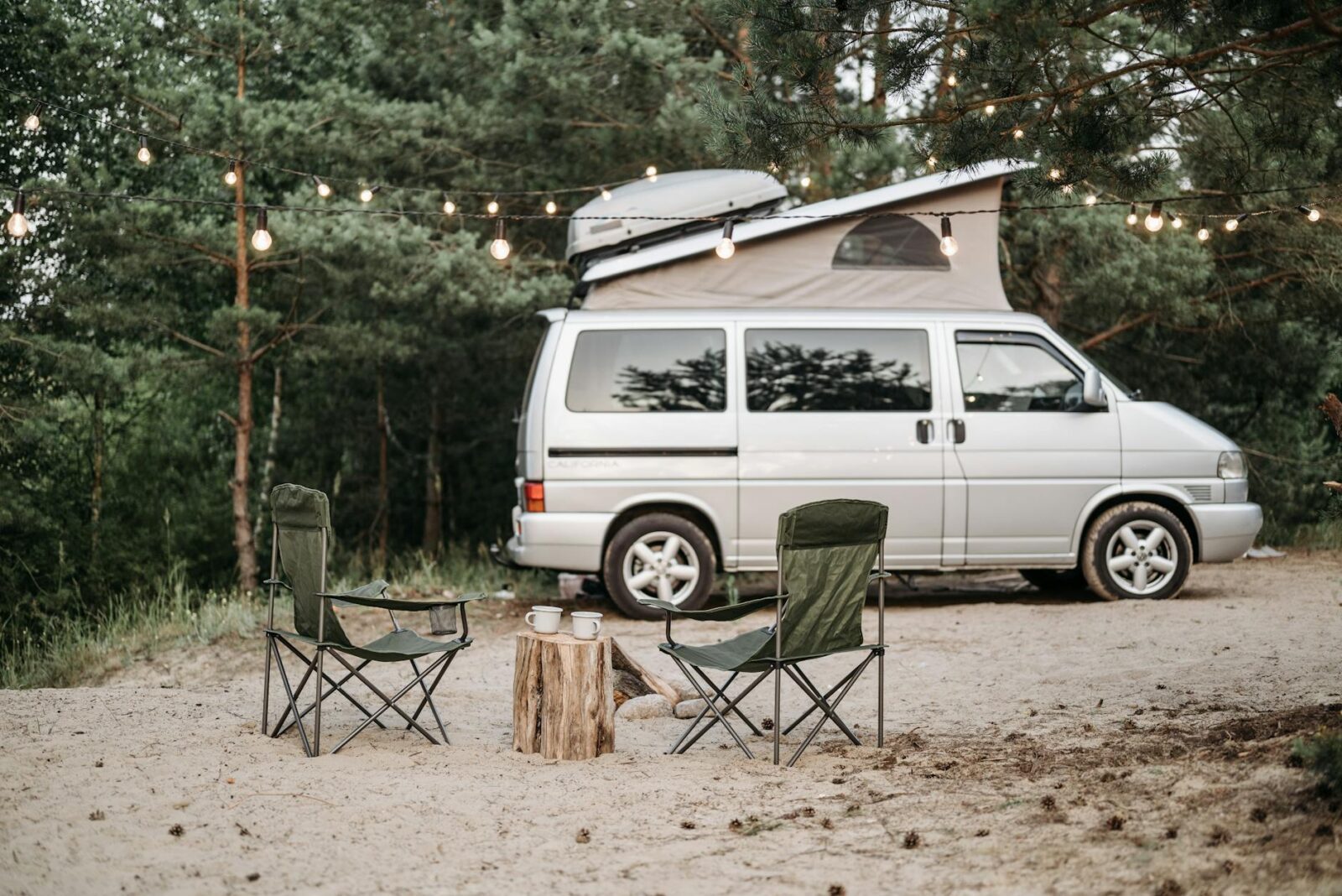white van near green trees