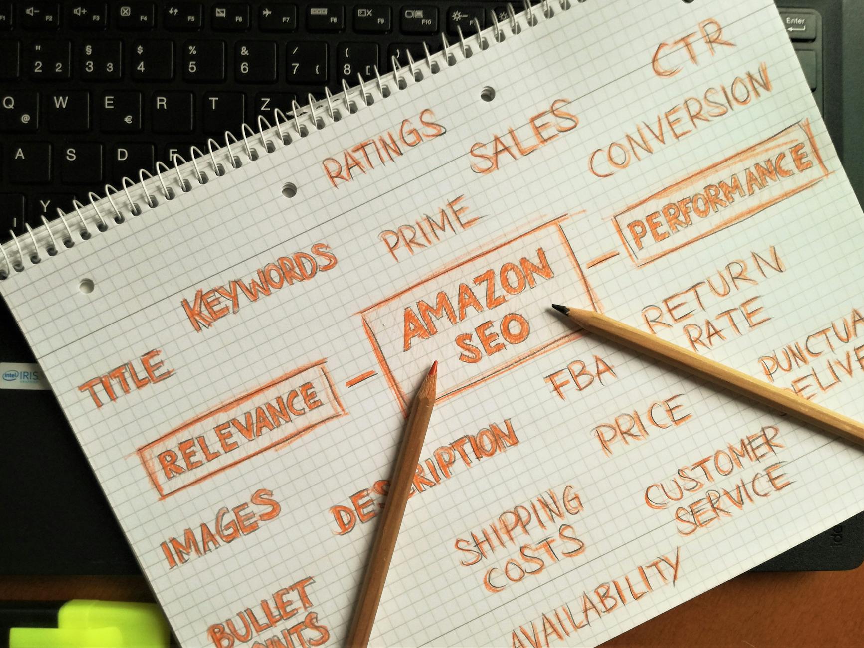 a notebook with a pen and pencil on it What Top Amazon Sellers Do Differently to Dominate the Marketplace