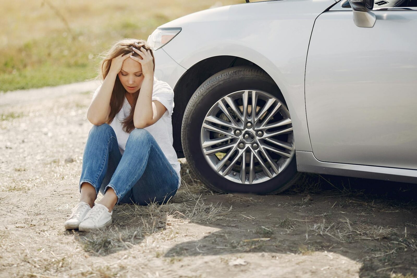 worried young woman sitting near broken automobile at roadside in countryside What to Do After a Car Accident: Step-by-Step Checklist