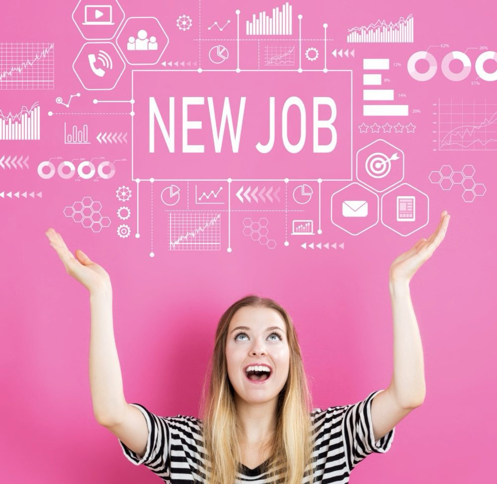 A woman with long hair and a striped shirt is smiling and raising her arms in excitement in front of a pink background with graphics and text that reads 'NEW JOB'. Relocating for Work: 6 Smart Strategies for a Smooth Move